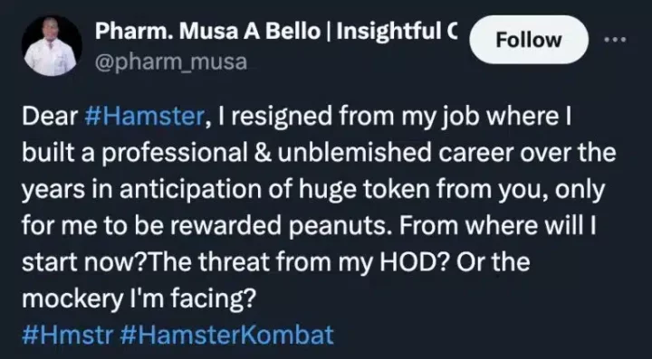 Pharmacist calls out Hamster Kombat over poor returns after quitting his job