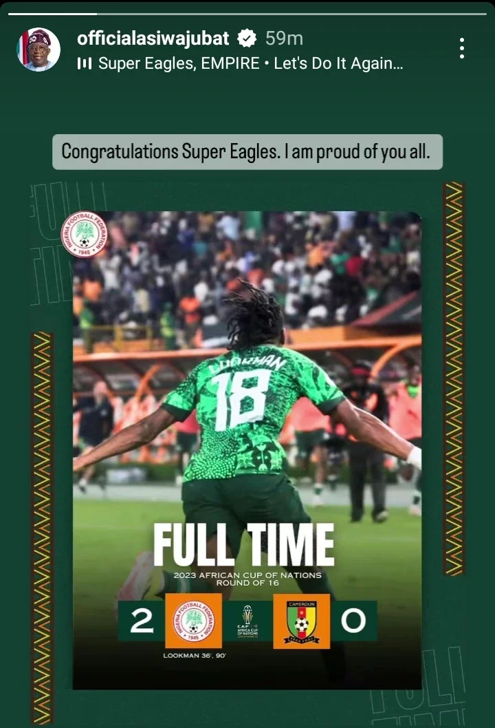 President Asiwaju Ahmed Bola Tinubu reacts to the Super Eagles Win against Cameroon