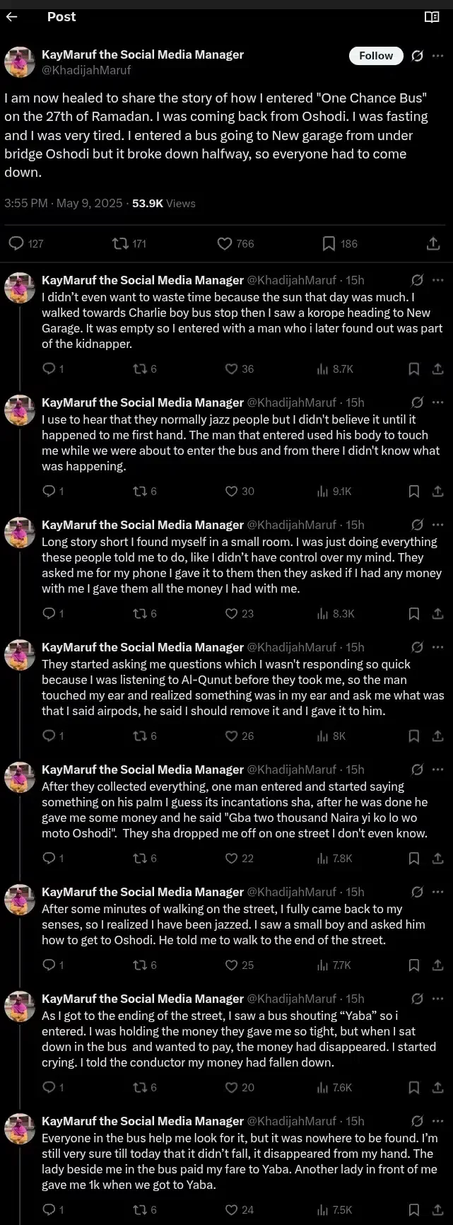 Lady shares chilling 'one chance' experience after being jazzed and robbed in Oshodi