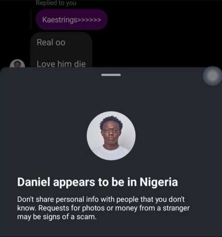 Man accuses Instagram of "stereotyping" him after a warning was issued about him residing in Nigeria Man accuses Instagram of "stereotyping" him after a warning was issued about him residing in Nigeria
