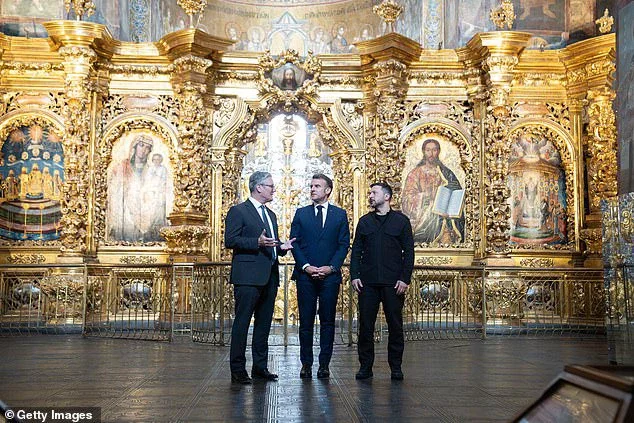 British Prime Minister Sir Keir Starmer, French President Emmanuel Macron and Ukrainian President Volodymyr Zelensky visit St Sophia Cathedral in Kyiv