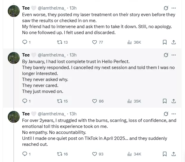 Lady accuses aesthetic clinic of permanent scar following skincare treatment