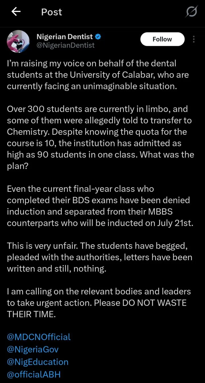 UNICAL sends 200-600 level dental students home over excess admission