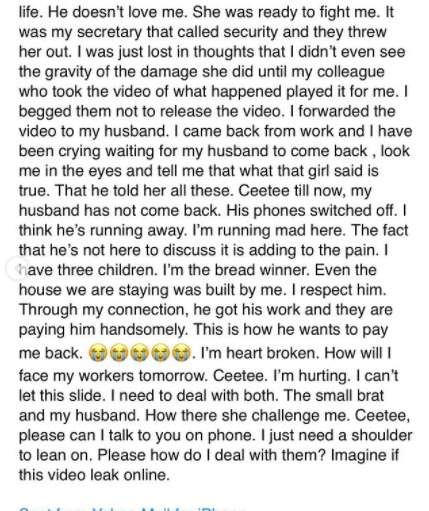 'My husband's side chick came to my office to warn me to stay away from her man' - Woman cries out