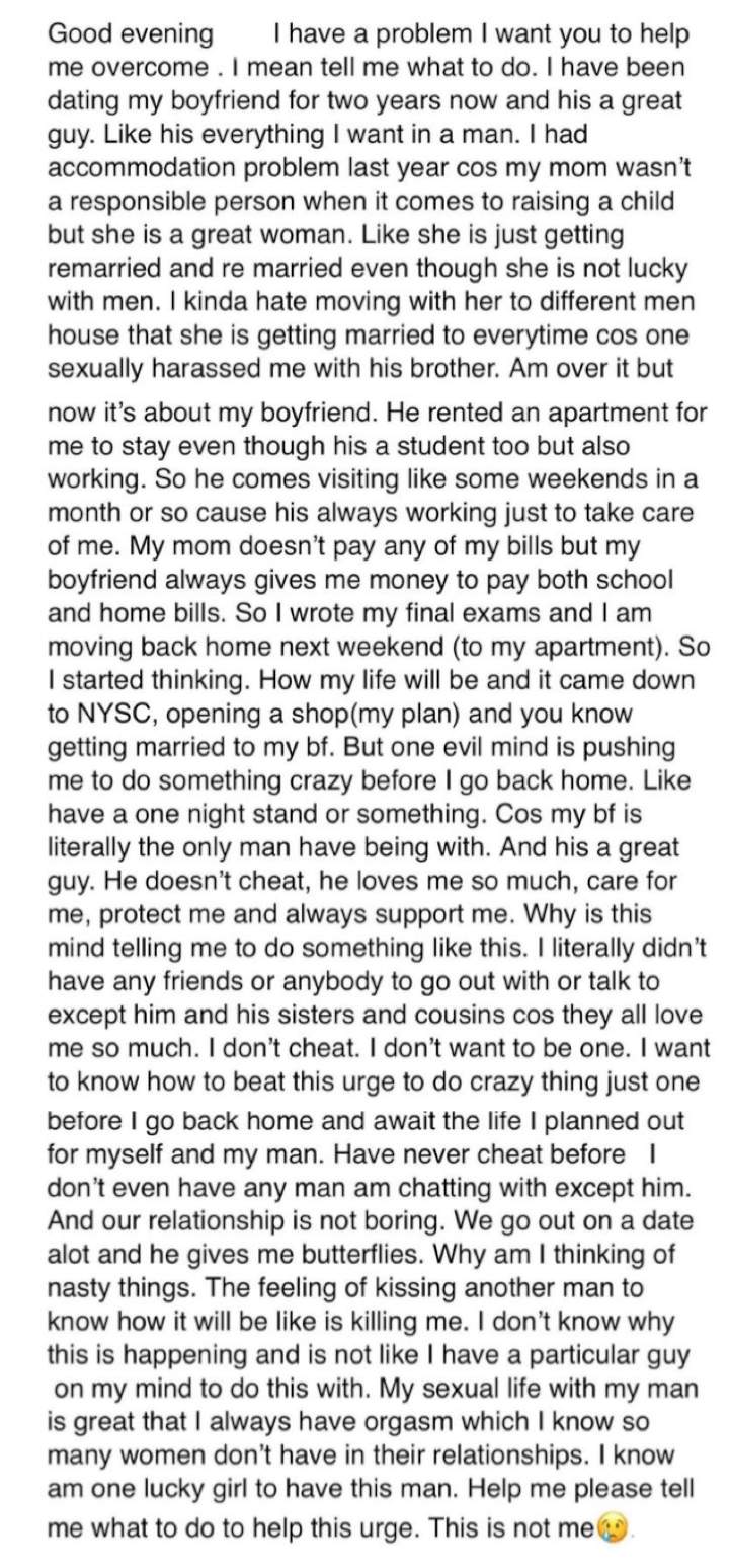 'My boyfriend takes care good of me, but I'm having a strong urge to cheat on him' - Lady cries out