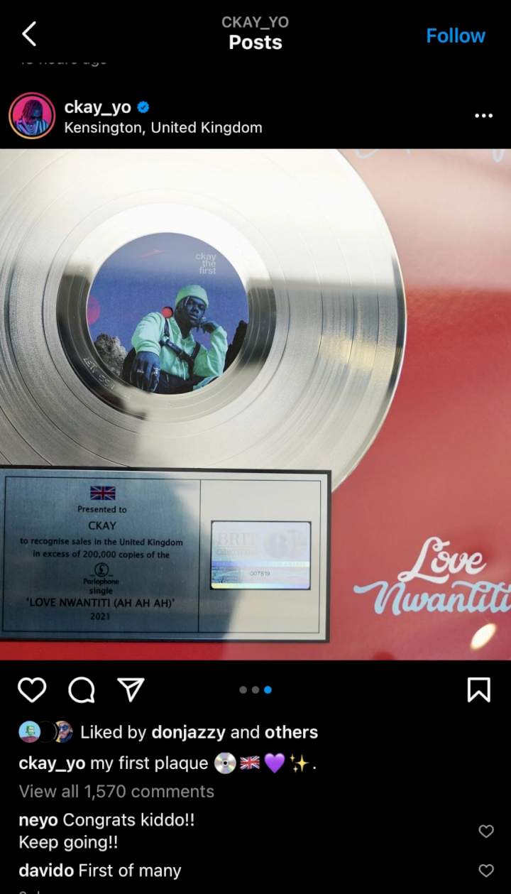 Ckay receives silver plaque for 'Love Nwantiti'