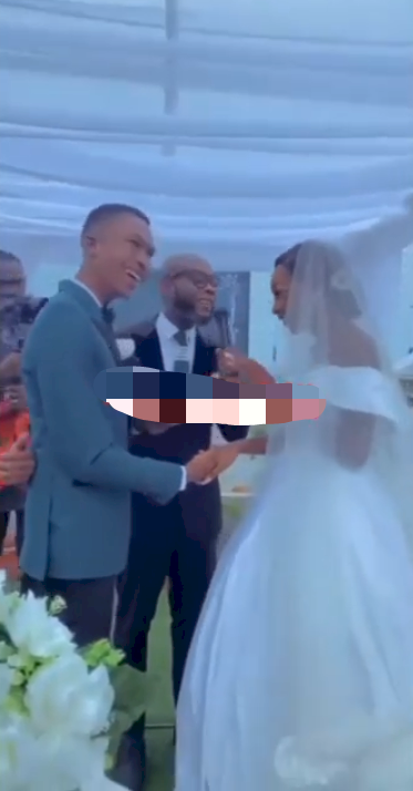 'Ikenna why are you crying?' - Bride queries emotional groom while taking marital vows (Video)
