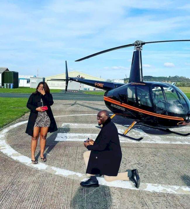 Heartfelt moment Nigerian man proposes to girlfriend of 7 years with helicopter