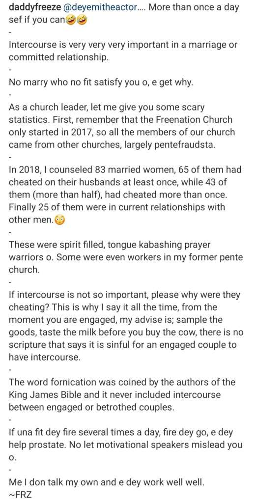 'I counselled 83 married women and 65 of them had cheated on their husbands' - Daddy Freeze makes startling revelation