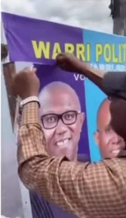 Obidients blow hot, tear off Peter Obi's picture after spotting him on APC campaign banner (Video)