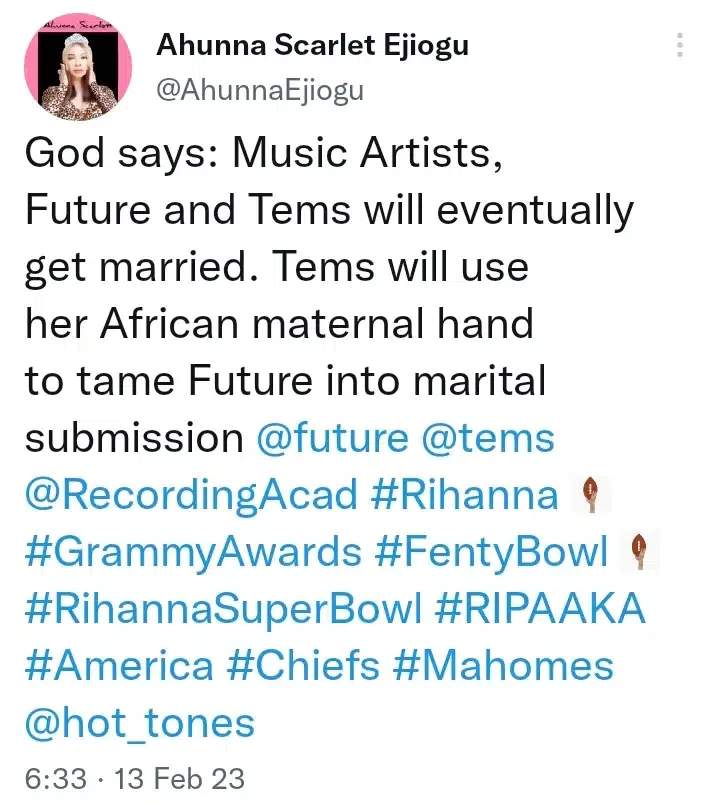 Lady who foretold AKA's demise two years ago makes prediction on Tems and Future