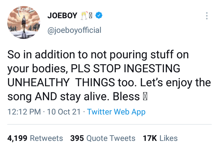 'Stop ingesting unhealthy things' - Singer, Joeboy pleads with fans doing #AlcoholChallenge