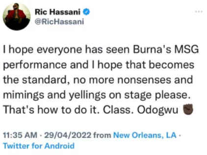 Ric Hassani apologises after receiving heat for belittling his colleagues' performances while hailing Burna Boy