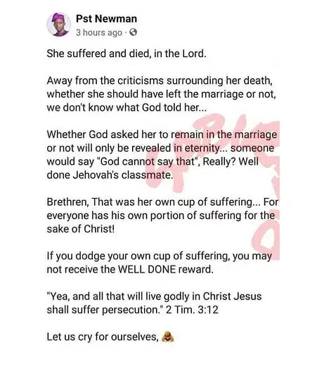 'God asked Osinachi to remain in the marriage, she suffered and died in the Lord' - Pastor drops his two cents on death of singer