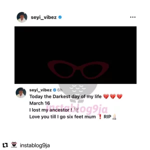 Singer Seyi Vibez loses his mum