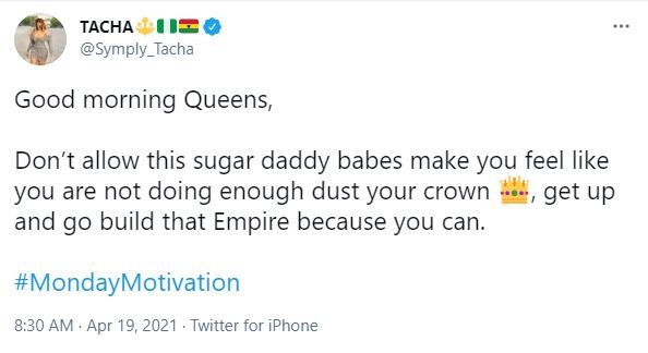 'Don't let babes with sugar daddy make you feel like you are not doing enough' - Tacha