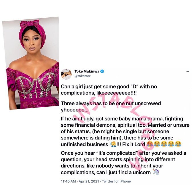 'Can a girl just get some good D' - Toke Makinwa shares frustrations with getting a Good Man