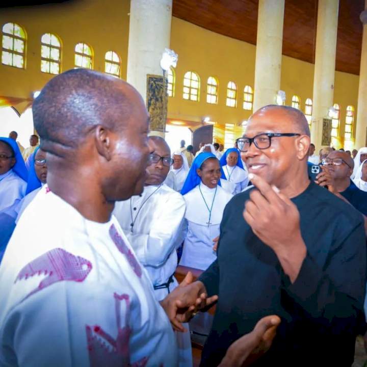 Peter Obi and Soludo hug at a thanksgiving ceremony days after the Anambra state Governor criticized Obi publicly