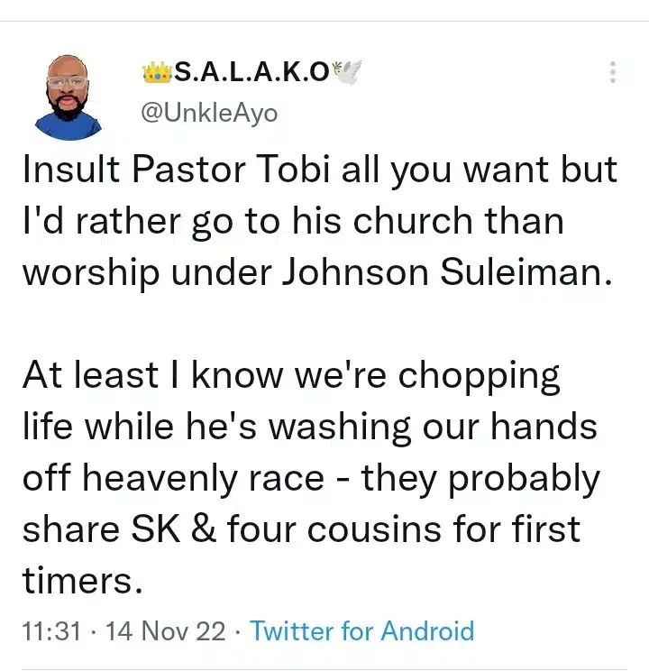 Why I'd rather worship with Pastor Tobi than attend Apostle Suleman's church - Man writes