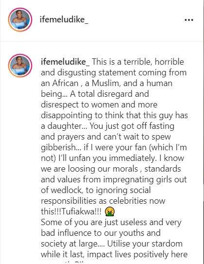 'This is disgusting, remember you have a daughter too' - Actress, Ifemeludike blasts Naira Marley