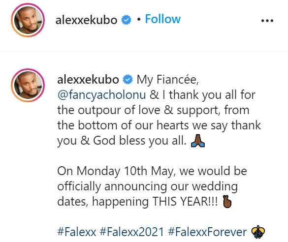 Alex Ekubo announces wedding plan, set to tie the knot with Fancy this year