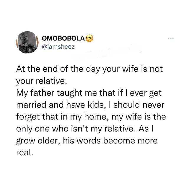 'Your wife is not your relative' - Nigerian man tells married men