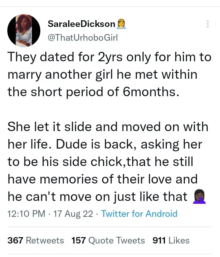 Man who broke up with girlfriend to marry another lady begs her to become his side chick