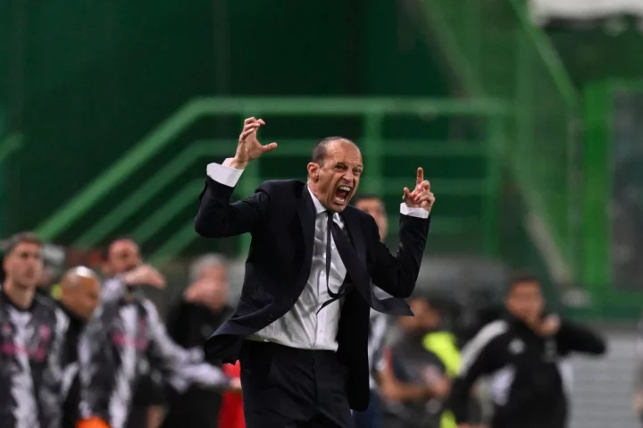 Juventus' Italian coach Massimiliano Allegri gestures during the UEFA Europa league quarter final second leg football match between Sporting CP and Juventus at the Jose Alvalade stadium in Lisbon on April 20, 2023. (Photo by PATRICIA DE MELO MOREIRA / AFP) (Photo by PATRICIA DE MELO MOREIRA/AFP via Getty Images)