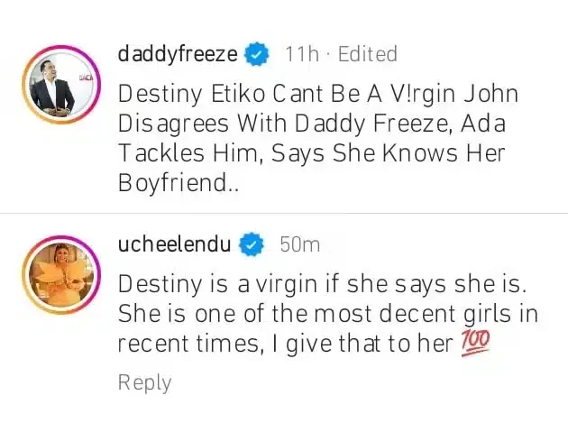 Uche Elendu reacts to Destiny Etiko's virginity claim