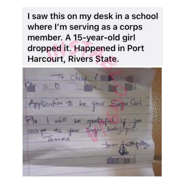 Youth corper shares letter he received from high school student asking to be his sugar girl