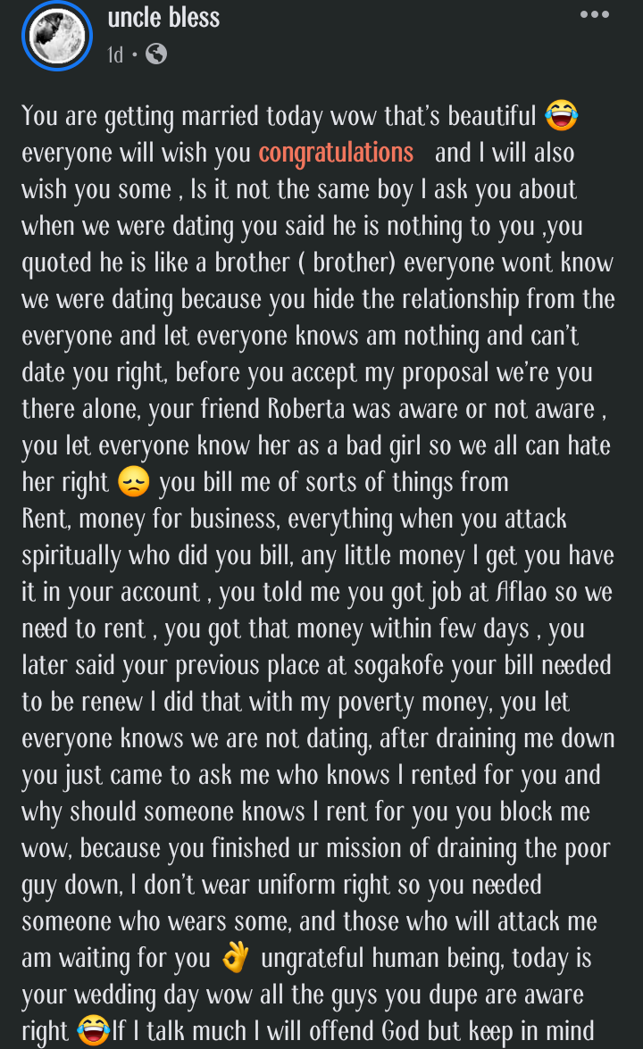 'The curses all the guys are preparing won't stop hunting you' - Man rants extensively on ex-girlfriend's wedding day, accuses her of duping him and her previous lovers