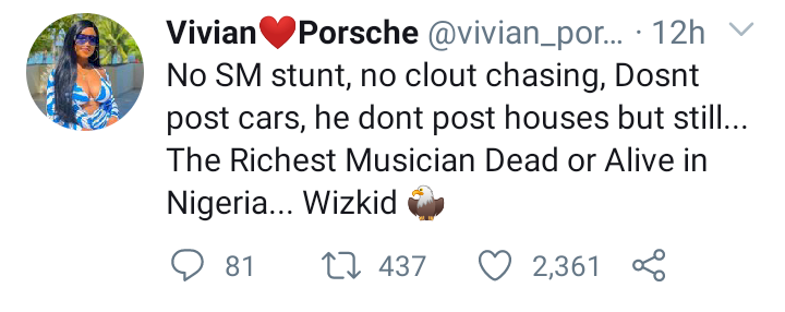 'He's the richest artiste in Nigeria yet he doesn't post cars and houses' - Vivian Porsche hails Wizkid