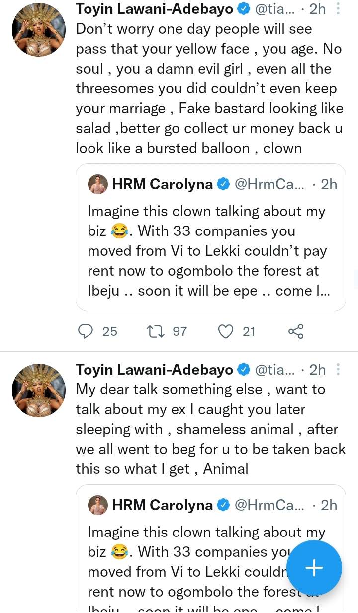 'Shameless goat' - Toyin Lawani blasts Caroline extensively, calls her out for sleeping with her ex husband and wrecking her marriage