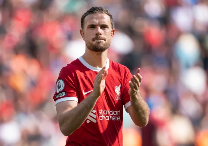 Jordan Henderson of Liverpool applauds the fans after the Premier League match between Liverpool FC and Aston Villa at Anfield on May 20, 2023 in Liverpool, England. (Photo by Visionhaus/Getty Images)