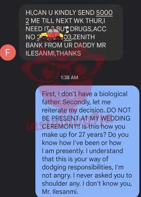 Lady gives reason as she bans father from attending her wedding