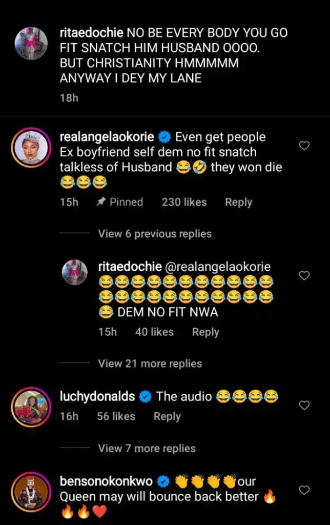 Luchy Donalds, Angela Okorie, Benson Okonkwo reacts to Rita Edochie's audio on husband snatchers