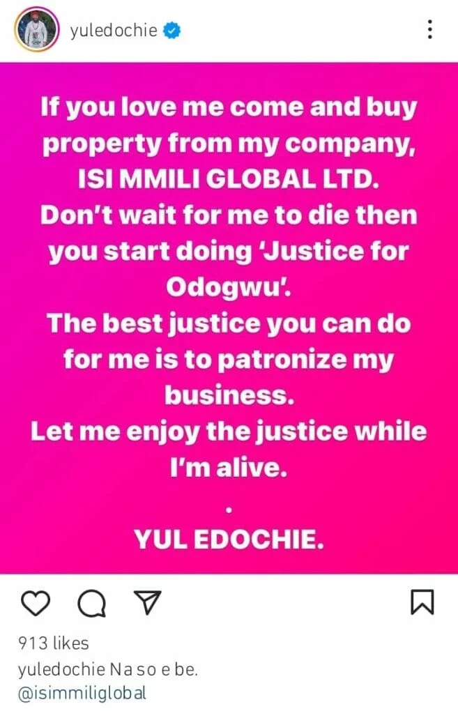 Yul Edochie tells Nigerians to support his business Isi Mmili Company