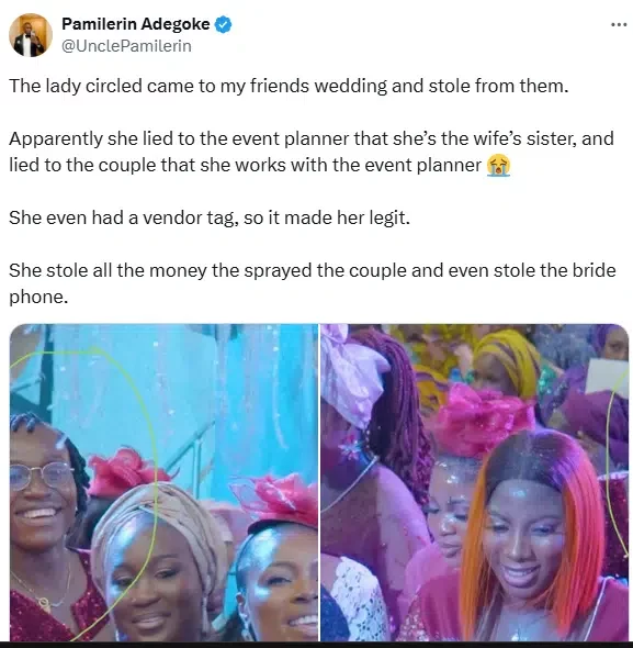 Lady called out for allegedly posing as sister of bride to steal phone and cash sprayed on couple during wedding