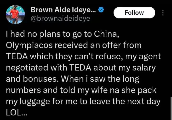 Footballer, Brown Ideye shares wife's hilarious reaction over his transfer to China