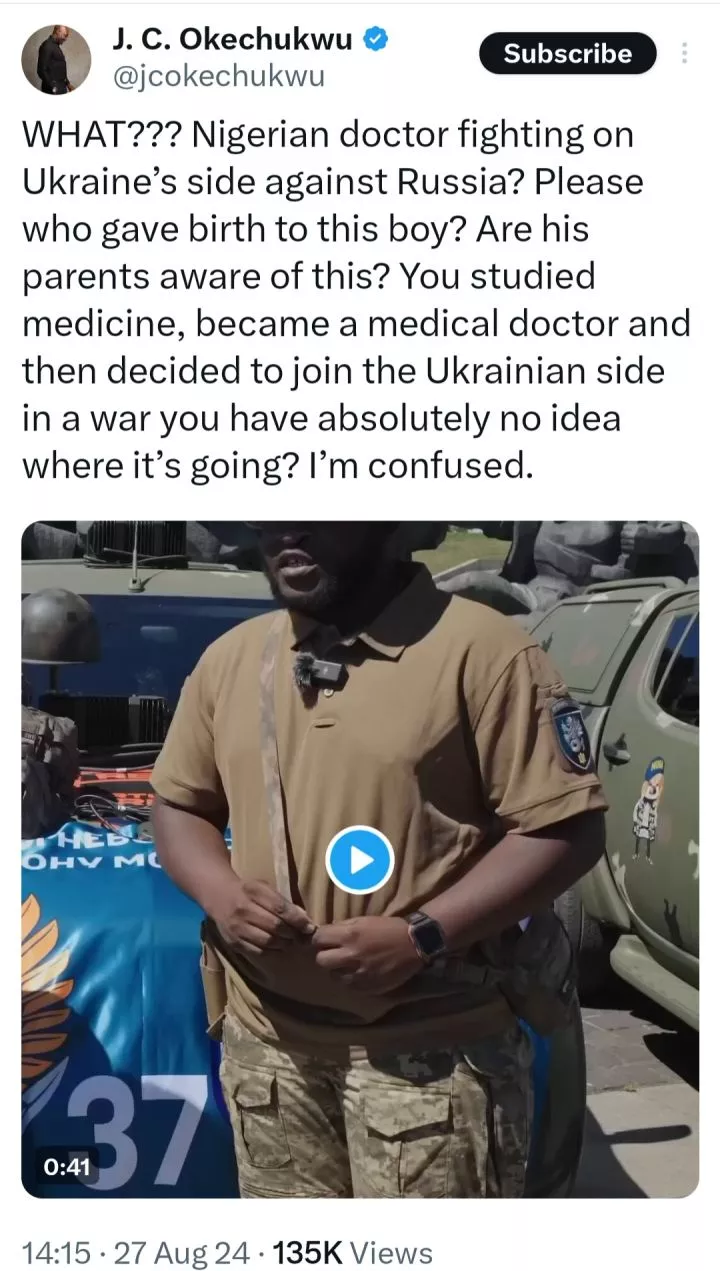 Nigerians express shock at Nigerian medical doctor who chose to f!ght for Ukraine in w@r (video)