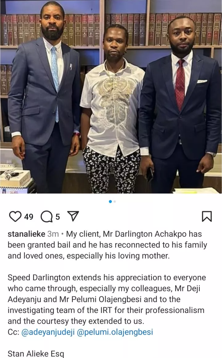 Speed Darlington released on bail after he was arrested following Burna Boy