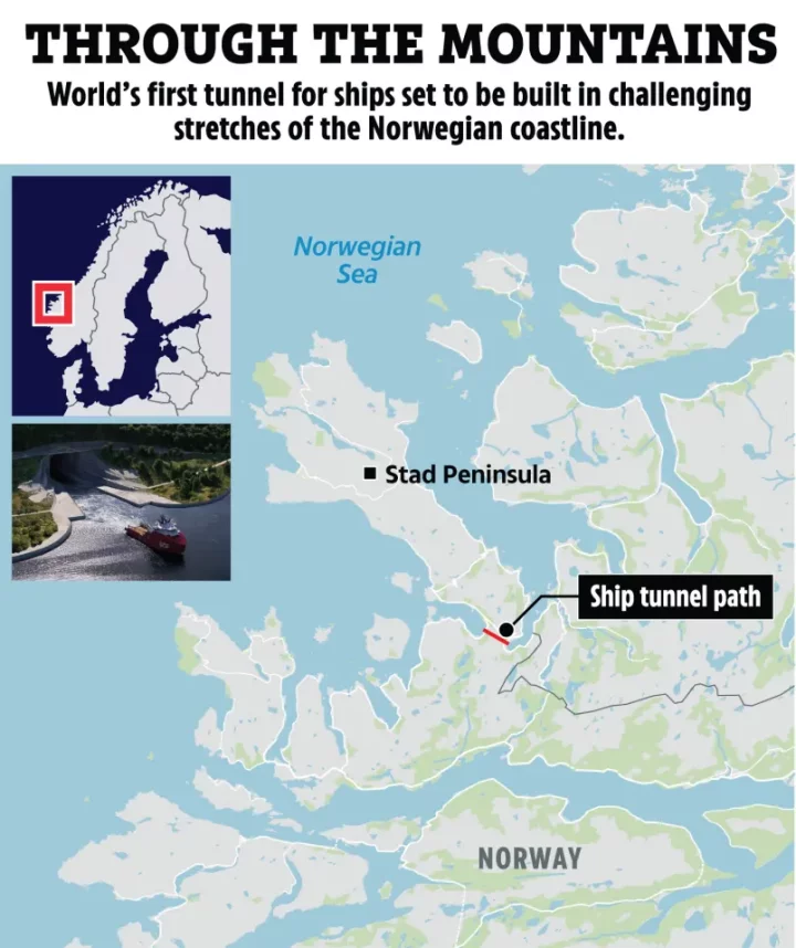 Illustration of a map showing the planned location of the world's first ship tunnel in Norway.