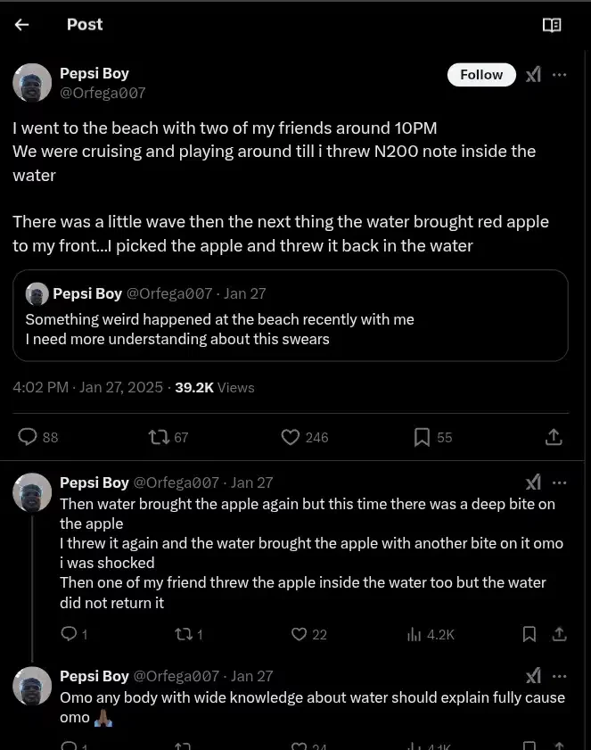 Man shares strange beach encounter as water brings him a red apple after tossing ₦200 at 10 pm