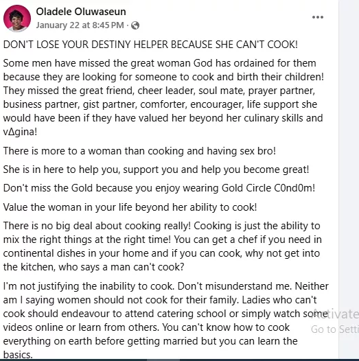 'Don't lose your destiny helper, soul mate, prayer partner and comforter because she can't cook - Relationship coach advises men