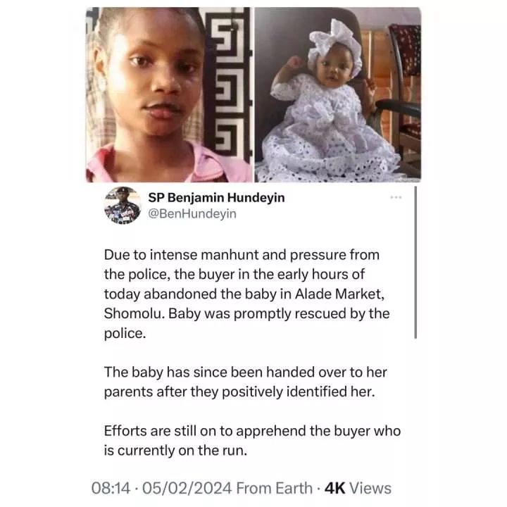 Update: Baby stolen by househelp in Lagos has been found