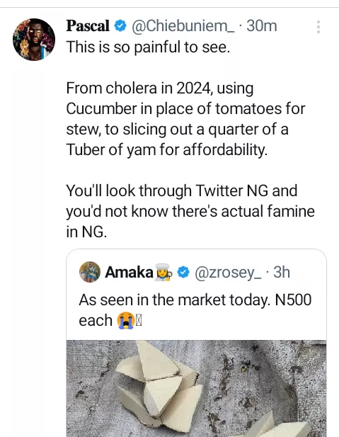 Hardship: Resilience is both our greatest strength and weakness - Nigerians react to sale of raw yam slices in market