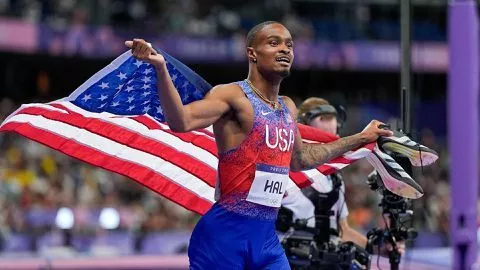 Quincy Hall of United States celebrates his gold medal win during the Men's 400m Final on day twelve of the Olympic Games.