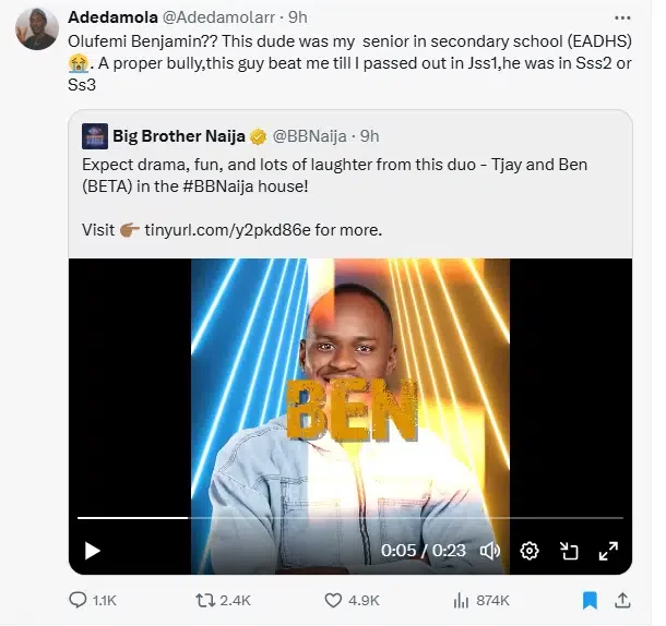 BBNaija S9 housemate, Ben accused of being a bully by alleged ex-schoolmate