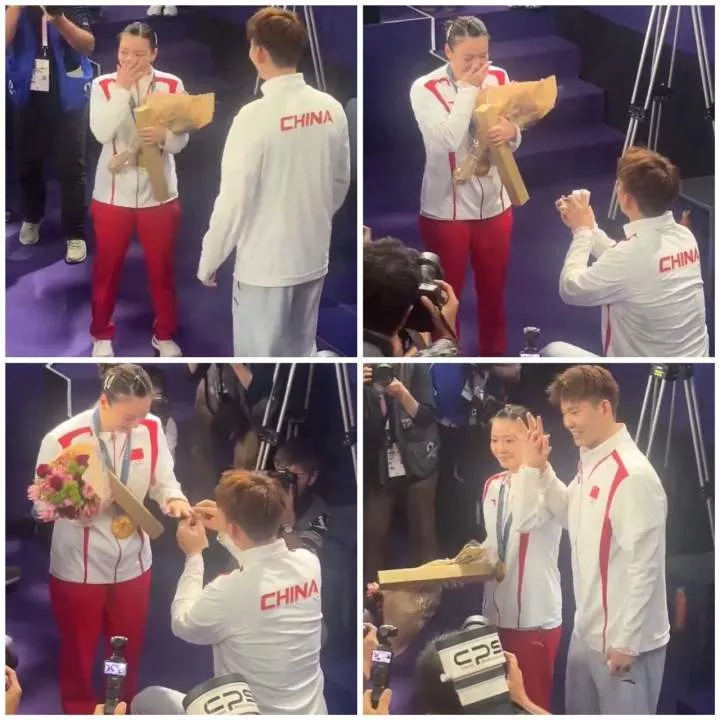 Nigerian lady kicks as Chinese Olympian, Liu Yuchen, proposes to his partner, Huang Ya Qiong, after she won gold at the ongoing Paris Olympic (video)