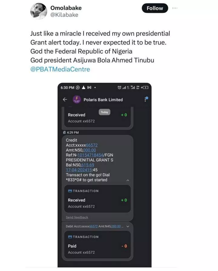 Jubilations as Nigerians receive N50K presidential grant in their account